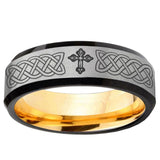 Celtic Cross Beveled Edge Gray And Gold Tungsten Carbide Engraved Ring