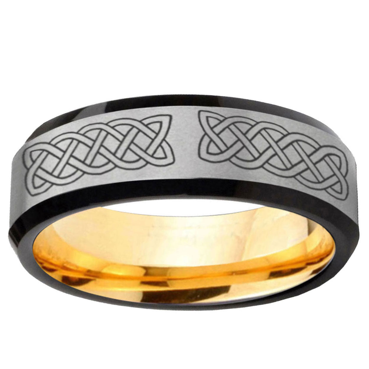 Celtic Knot Beveled Edge Gray Gold Tungsten Ring