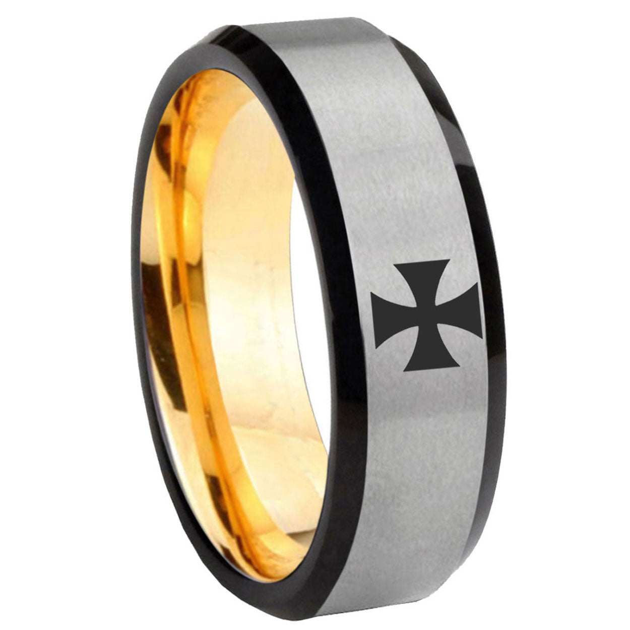 8mm Maltese Cross Beveled Edge Gray And Gold Tungsten Ring