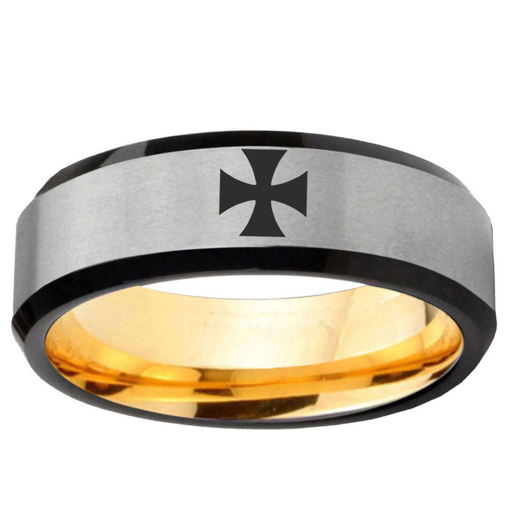 Maltese Cross Beveled Edge Gray And Gold Tungsten Ring
