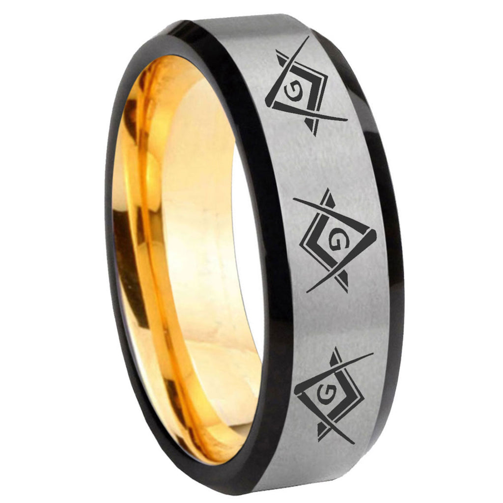 8mm Master Mason Masonic Beveled Edge Gray Gold Tungsten Band