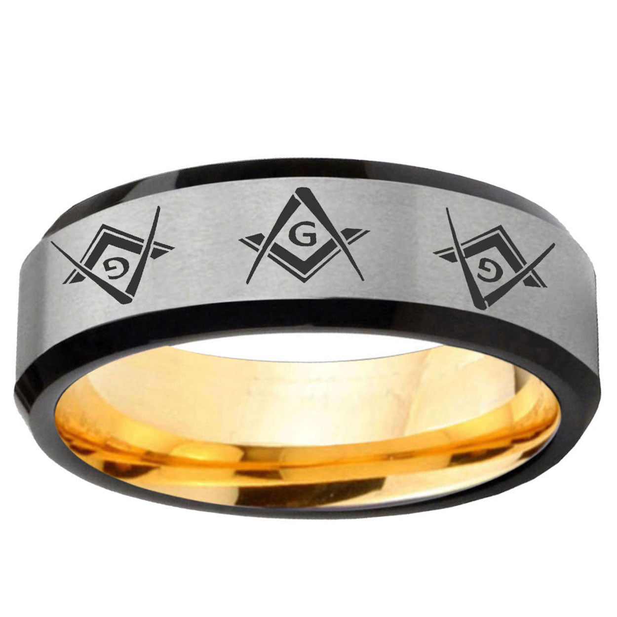 Master Mason Masonic Beveled Edge Gray Gold Tungsten Band