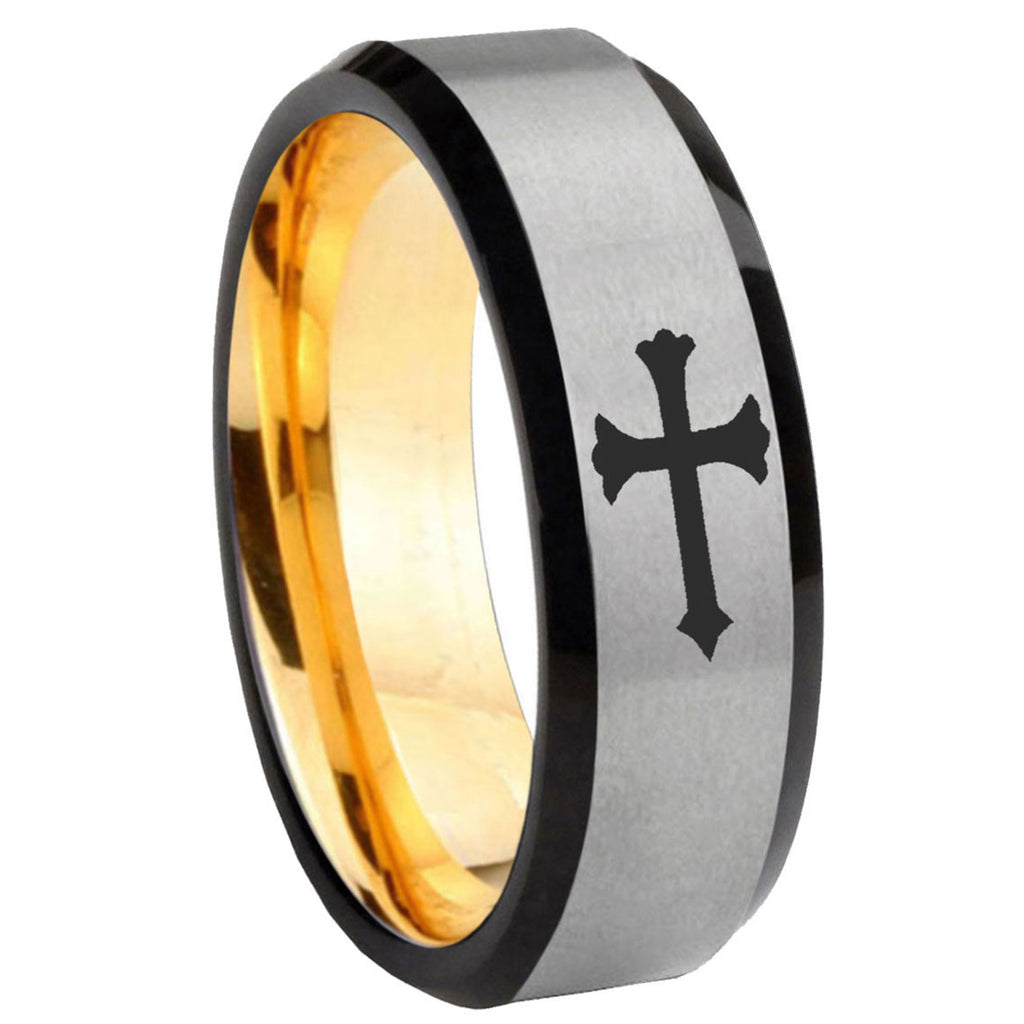 8mm Christian Cross Beveled Edge Gray Gold Tungsten Ring