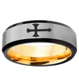 Christian Cross Beveled Edge Gray And Gold Tungsten Men's Engagement Band