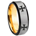 8mm 4 Maltese Cross Beveled Edge Gray And Gold Tungsten Bands