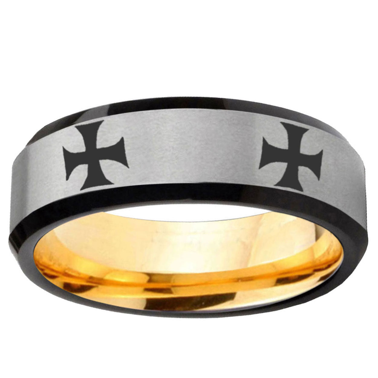 4 Maltese Cross Beveled Edge Gray And Gold Tungsten Bands