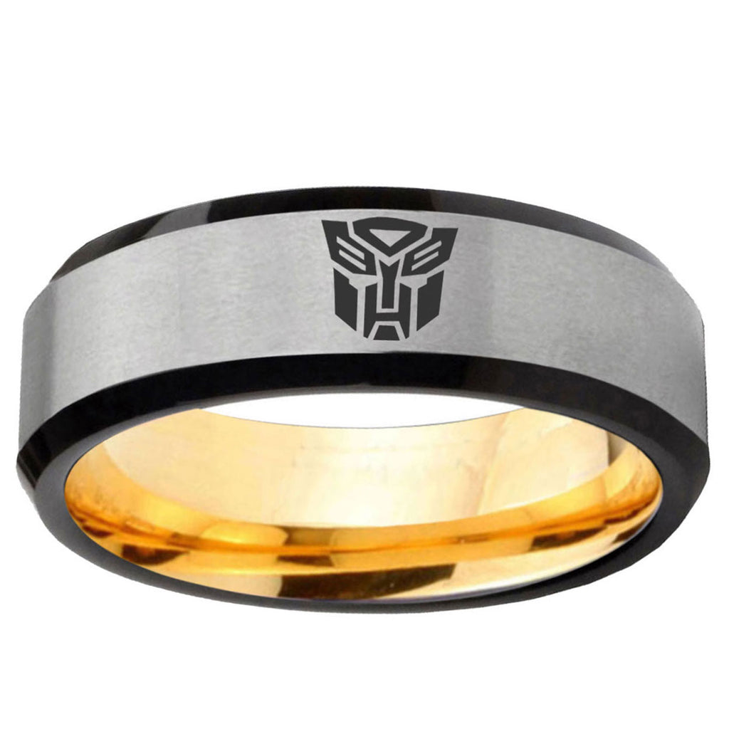 Transformers Autobot Beveled Edge Gold Silver Tungsten Ring