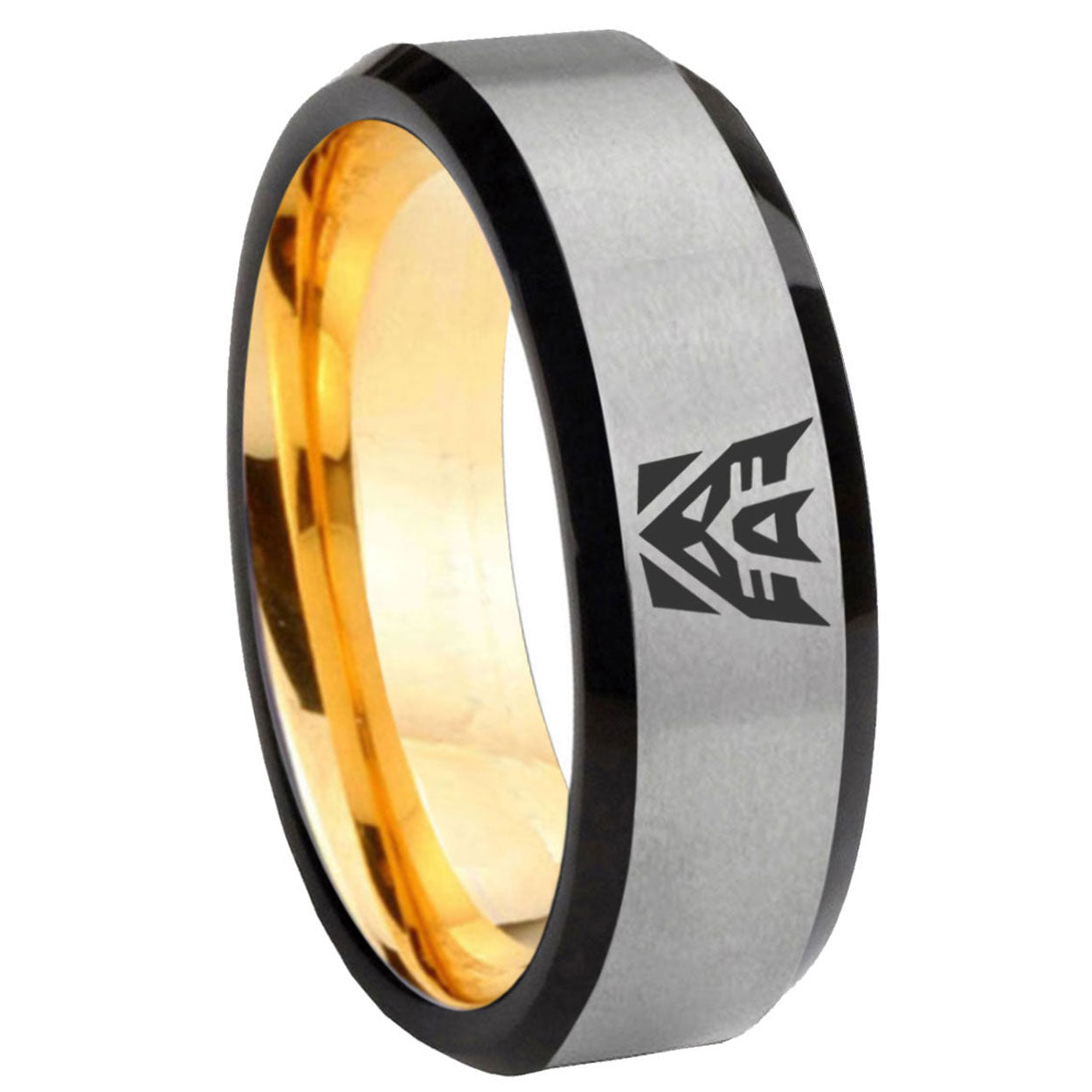 8mm Decepticon Transformers Beveled Tungsten Silver Gold Ring