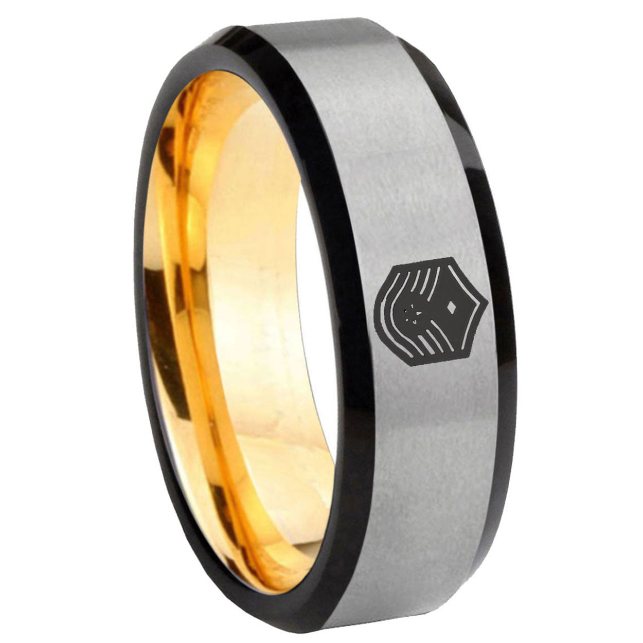 8mm Chief Master Sergeant Vector Beveled Gray Gold Tungsten Ring