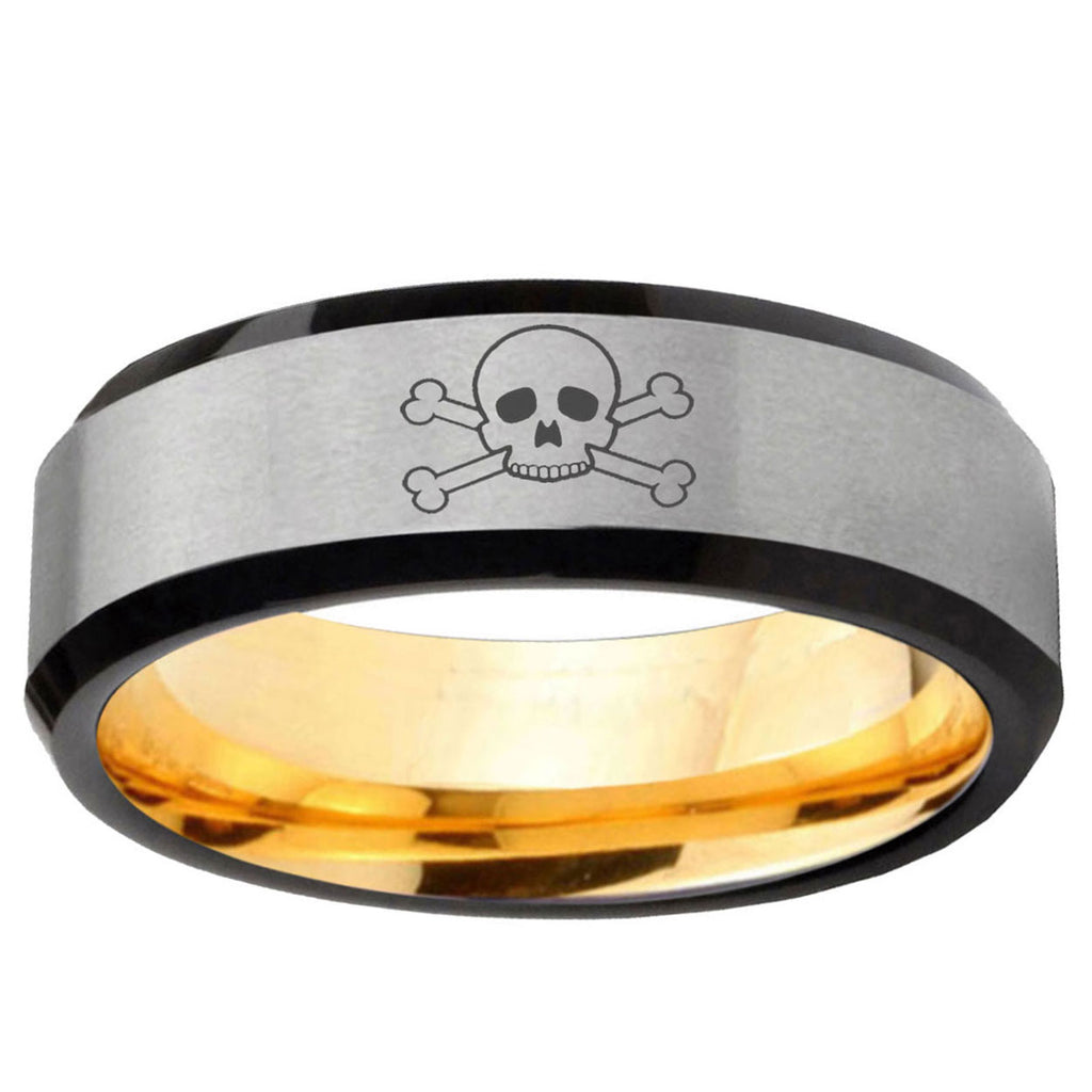 Skull Beveled Edge Gray And Gold Tungsten Mens Wedding Band