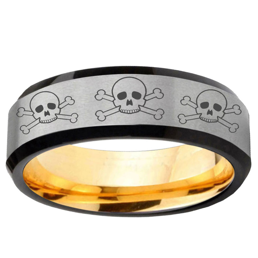 Multiple Skull Beveled Edge Gray And Gold Tungsten Ring