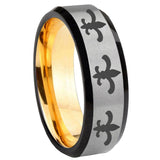 8mm Multiple Fleur-De-Lis Beveled Edge Gray And Gold Tungsten Men's Ring Personalized