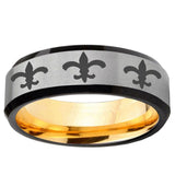 Multiple Fleur-De-Lis Beveled Edge Gray And Gold Tungsten Men's Ring Personalized