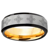Multiple Crosses Beveled Edge Gray And Gold Tungsten Carbide Men's Wedding Band