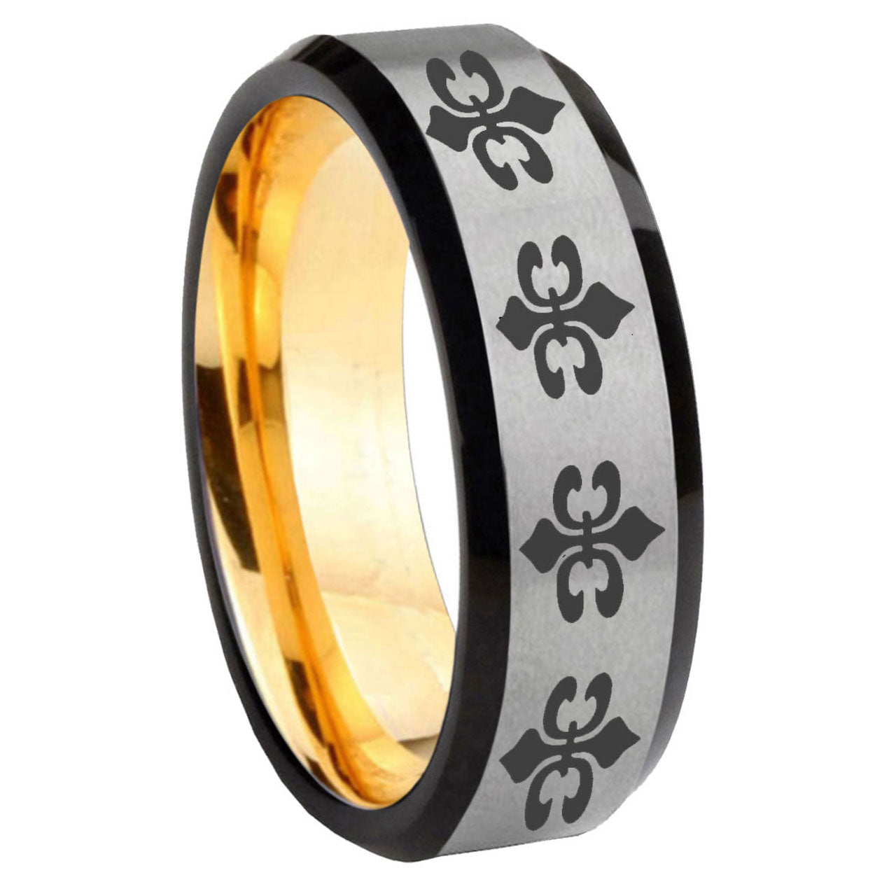 8mm Multiple Fleur-De-Lis Beveled Gray Gold Tungsten Mens Ring
