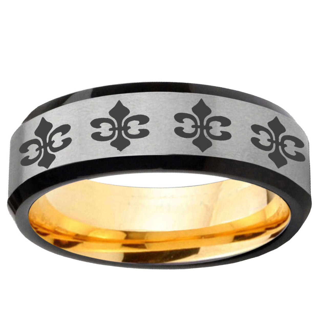 Multiple Fleur-De-Lis Beveled Gray Gold Tungsten Mens Ring
