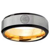 Seal of Seven Archangel Beveled Edge Gray And Gold Tungsten Carbide Men's Ring