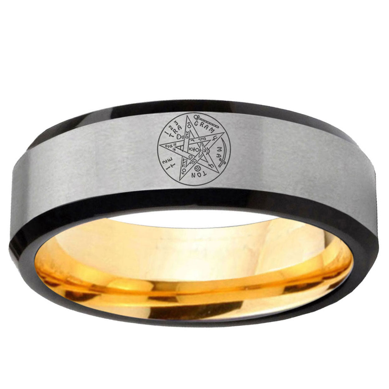 Tetragrammaton Spiritual Kabbalah Bevel Gray Gold Tungsten Ring