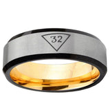 Masonic 32 Triangle Freemason Beveled Edge Gray And Gold Tungsten Carbide Custom Men's Ring