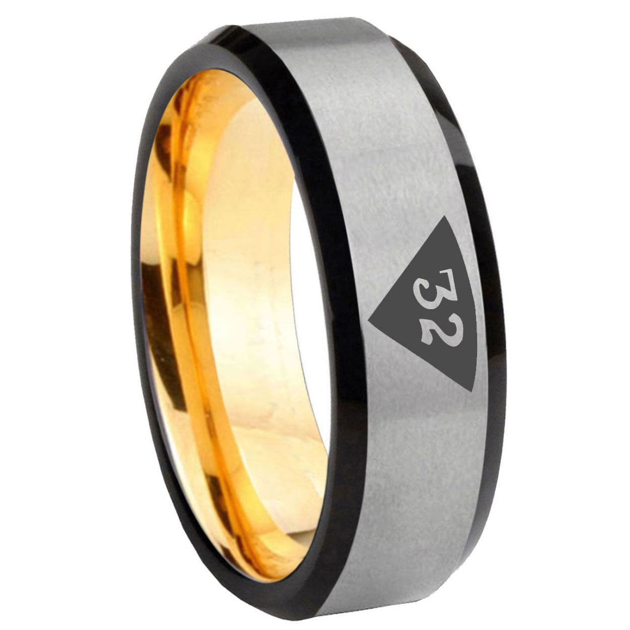 8mm Masonic 32 Triangle Design Freemason Bevel Gray Gold Tungsten Ring