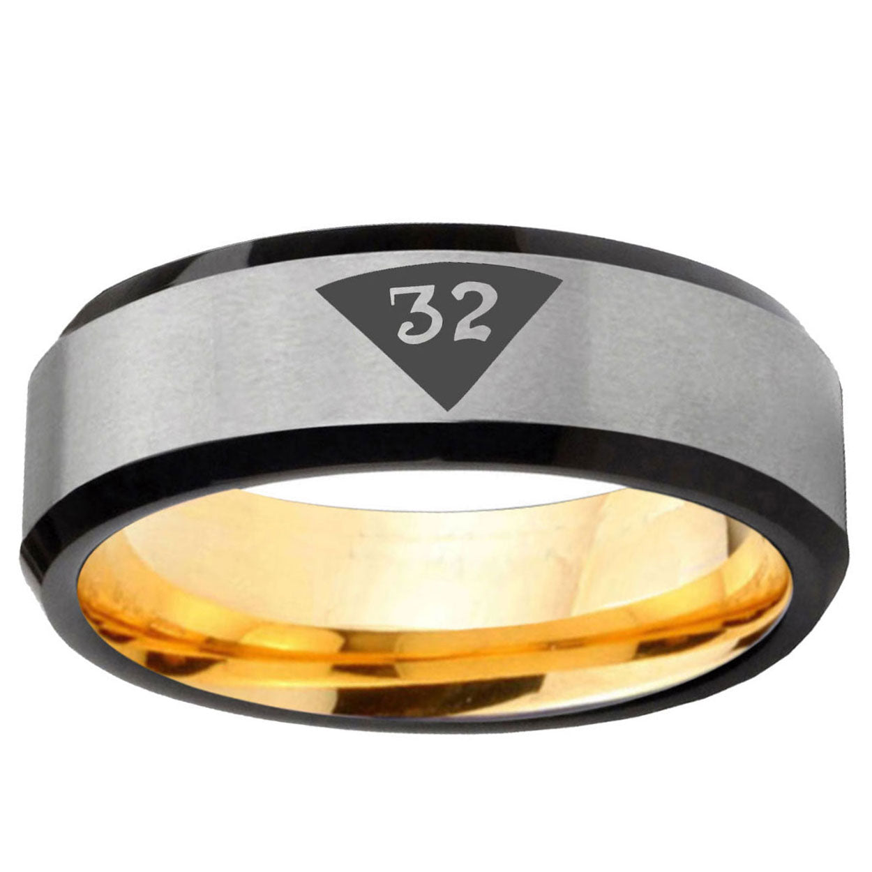 Masonic 32 Triangle Design Freemason Bevel Gray Gold Tungsten Ring