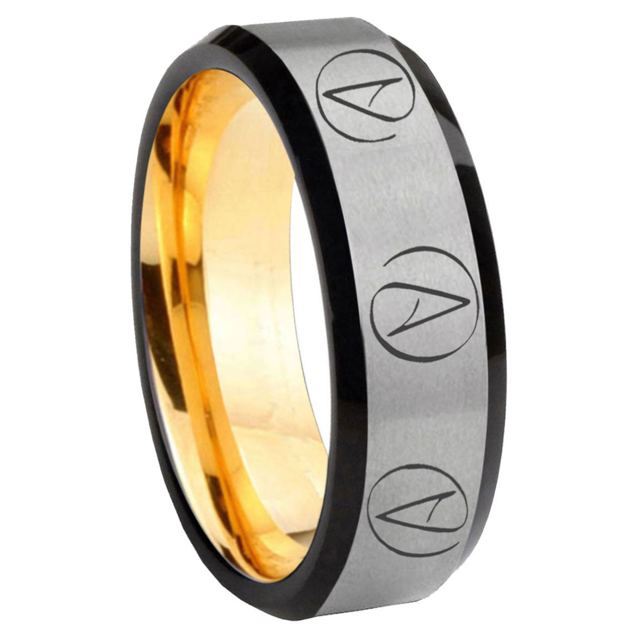 8mm Atheist Design Beveled Edge Gray Gold Tungsten Ring