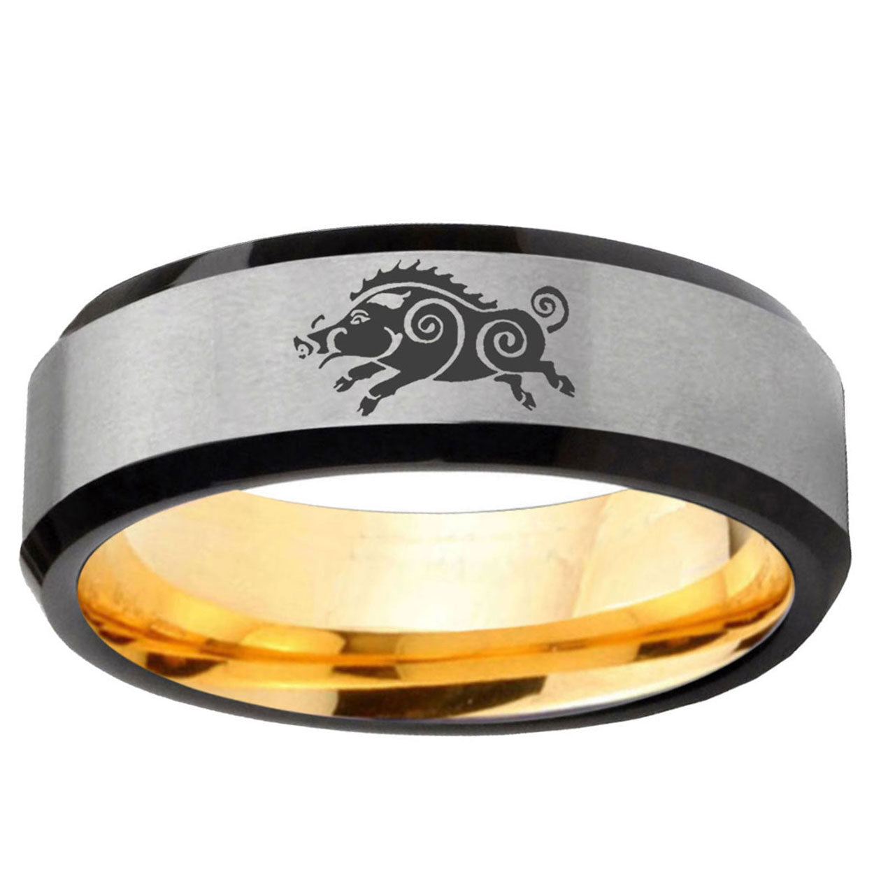 Wild Boar Beveled Edge Gray Gold Tungsten Engagement Ring