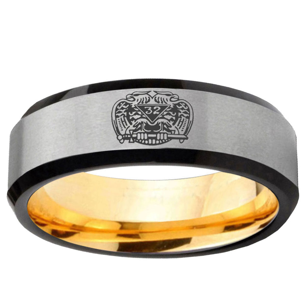 Masonic 32 Degree Freemason Beveled Gray Gold Tungsten Ring