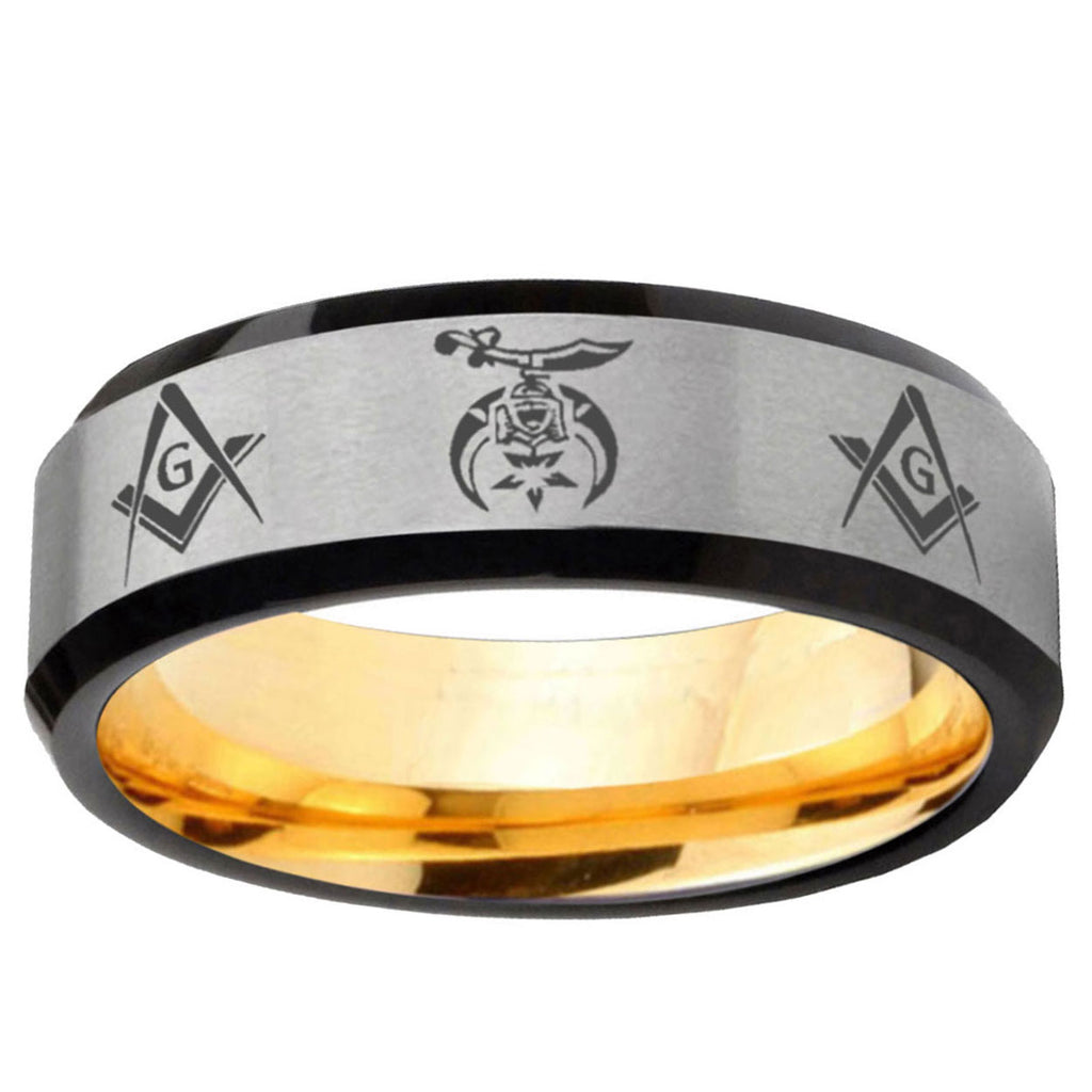 Masonic Shriners Beveled Edge Gray And Gold Tungsten Bands