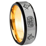 8mm Masonic 32 Design Beveled Edge Gray And Gold Tungsten Carbide Engagement Ring