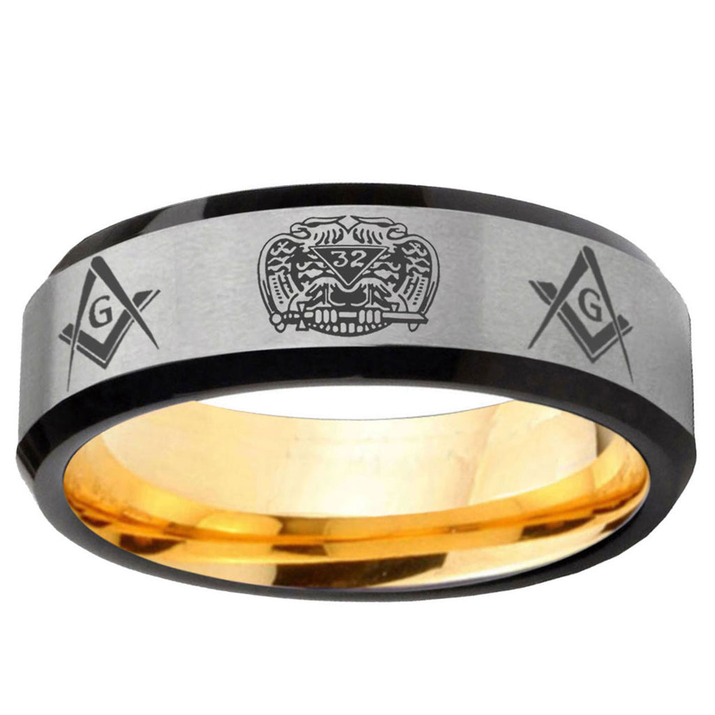 Masonic 32 Design Beveled Edge Gray Gold Tungsten Ring