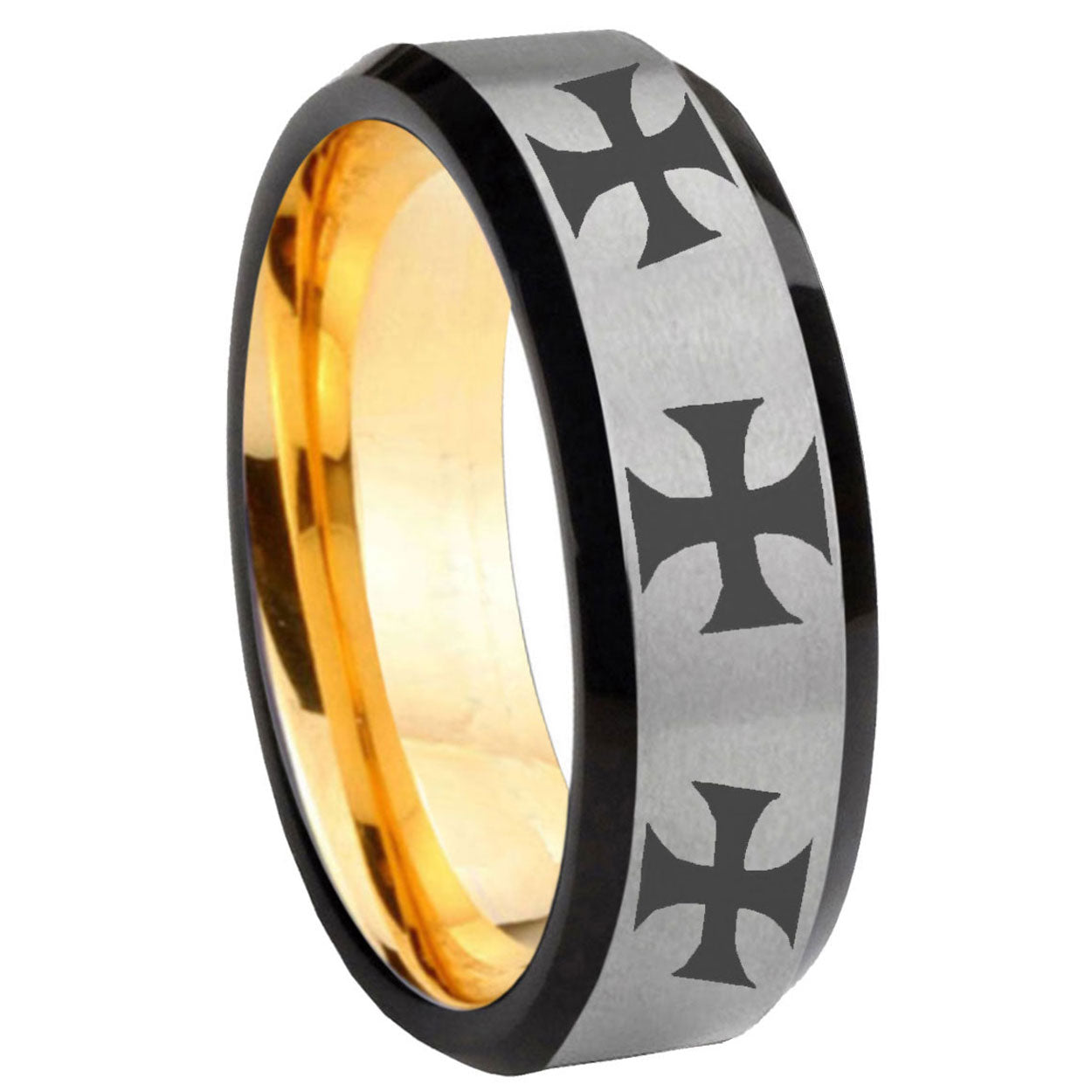8mm Multiple Maltese Cross Beveled Edge Gray Gold Tungsten Ring