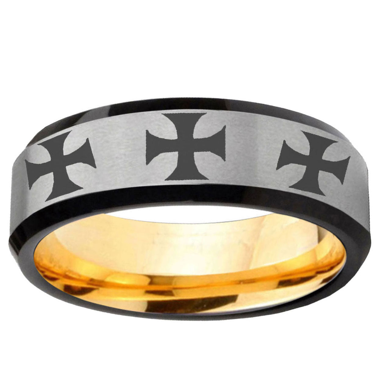 Multiple Maltese Cross Beveled Edge Gray Gold Tungsten Ring