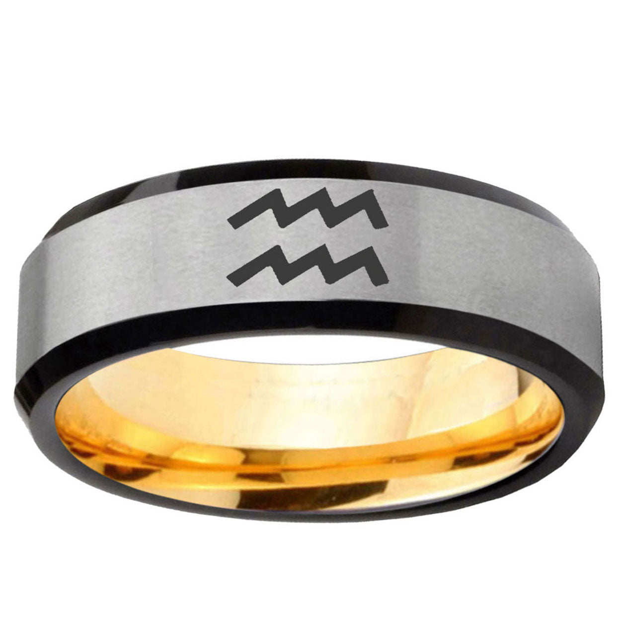 Aquarius Horoscope Beveled Edge Gray And Gold Tungsten Ring