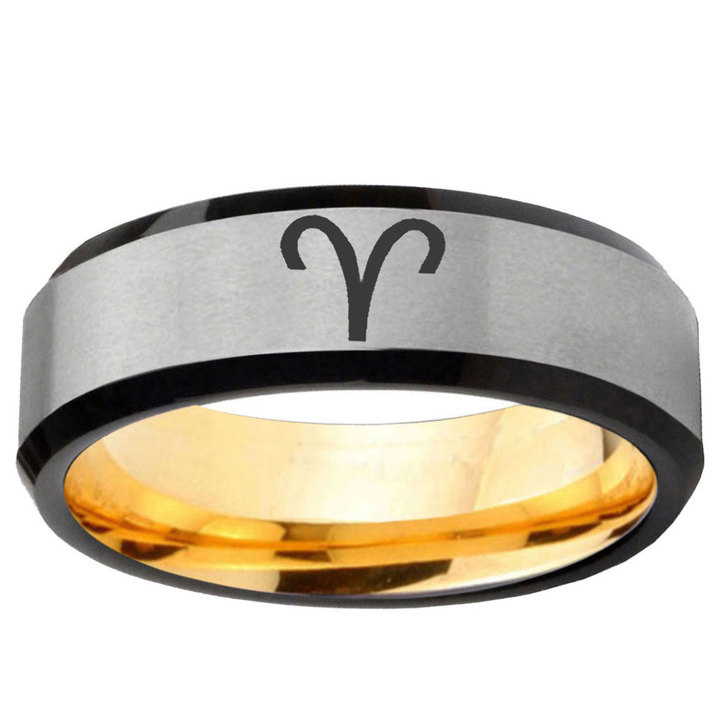 Aries Zodiac Beveled Edge Gray And Gold Tungsten Ring