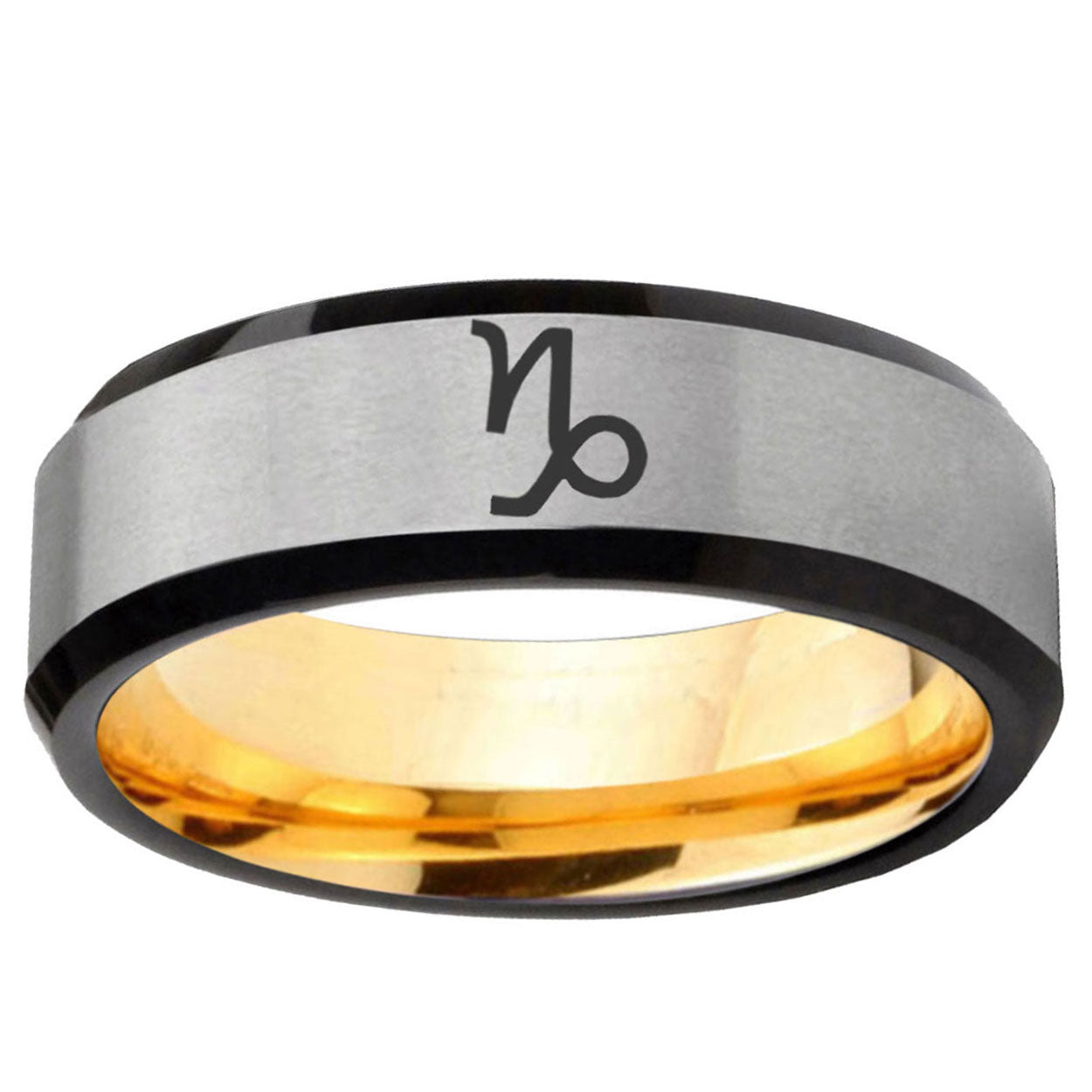 Capricorn Zodiac Beveled Edge Gray Gold Tungsten Ring