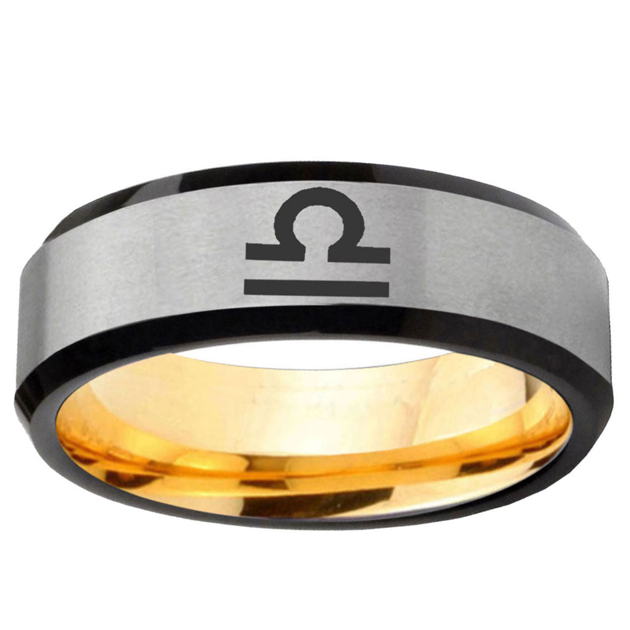 Libra Horoscope Beveled Edge Gray And Gold Tungsten Bands