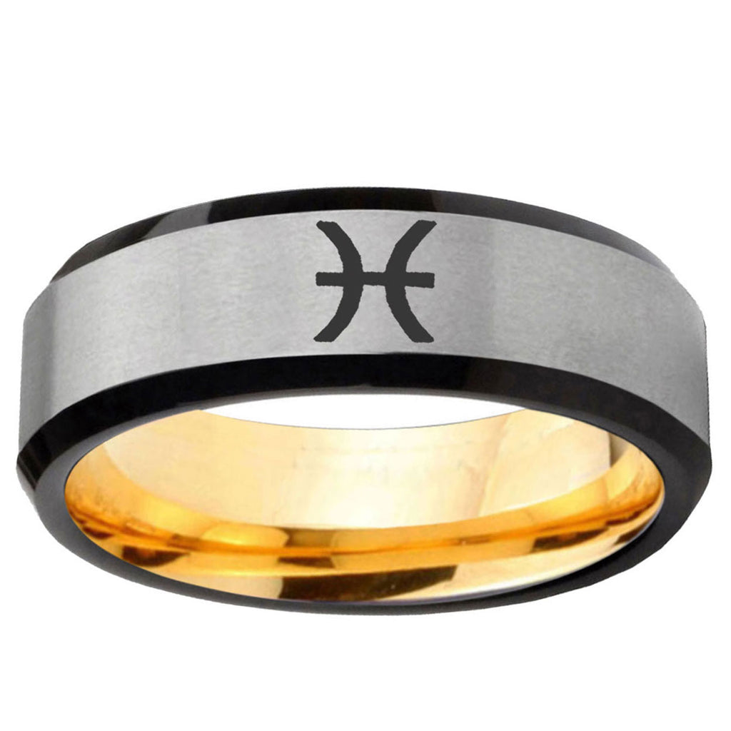 Pisces Zodiac Beveled Edge Gray Gold Tungsten Custom Ring