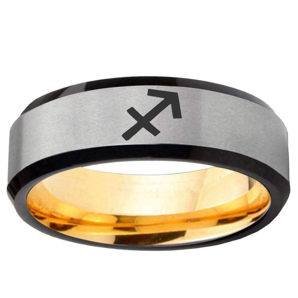 Sagittarius Zodiac Beveled Gray Gold Tungsten Ring for Men