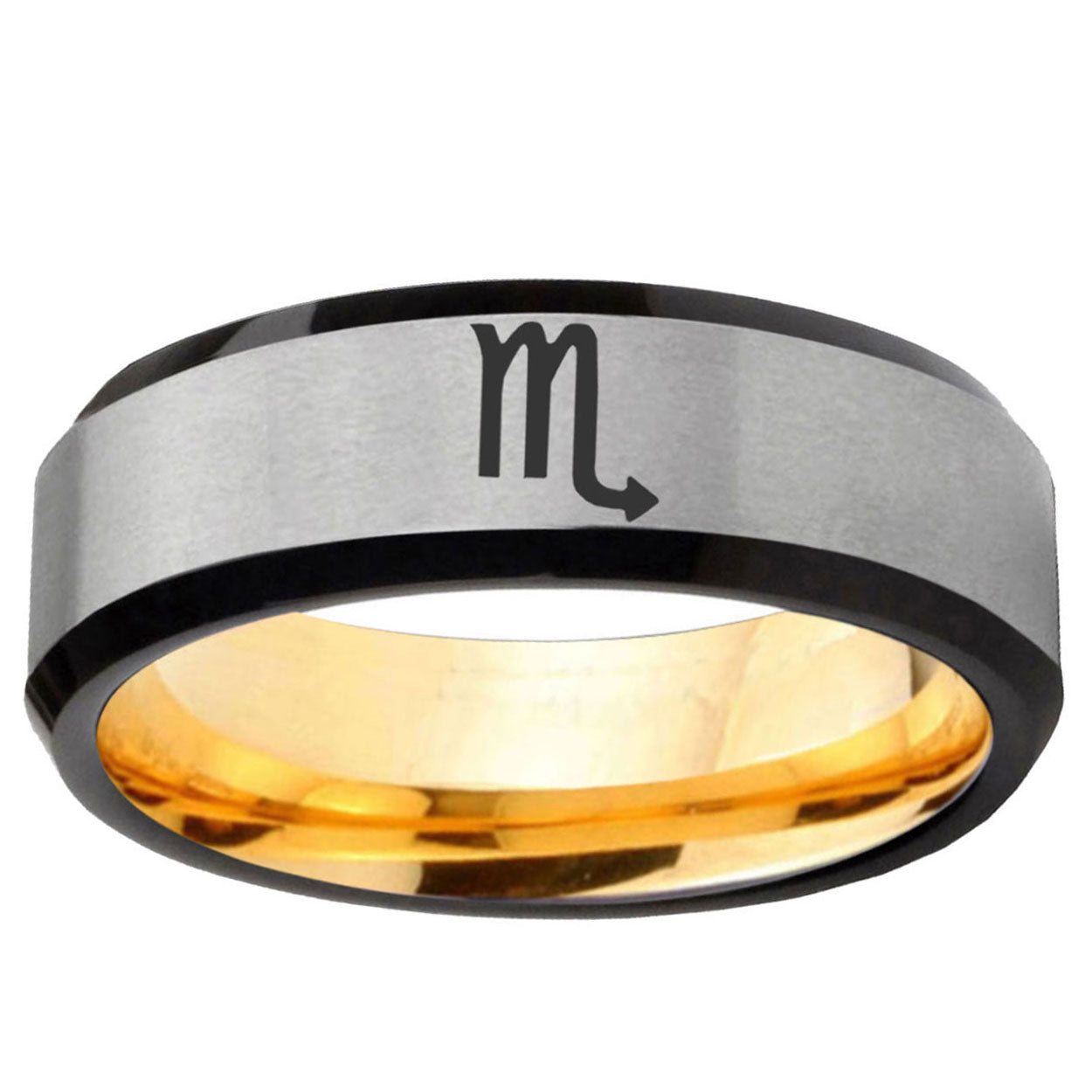 Scorpio Horoscope Beveled Edge Gray Gold Tungsten Ring