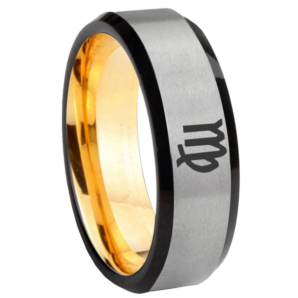 8mm Virgo Zodiac Beveled Edge Gray Gold Tungsten Ring