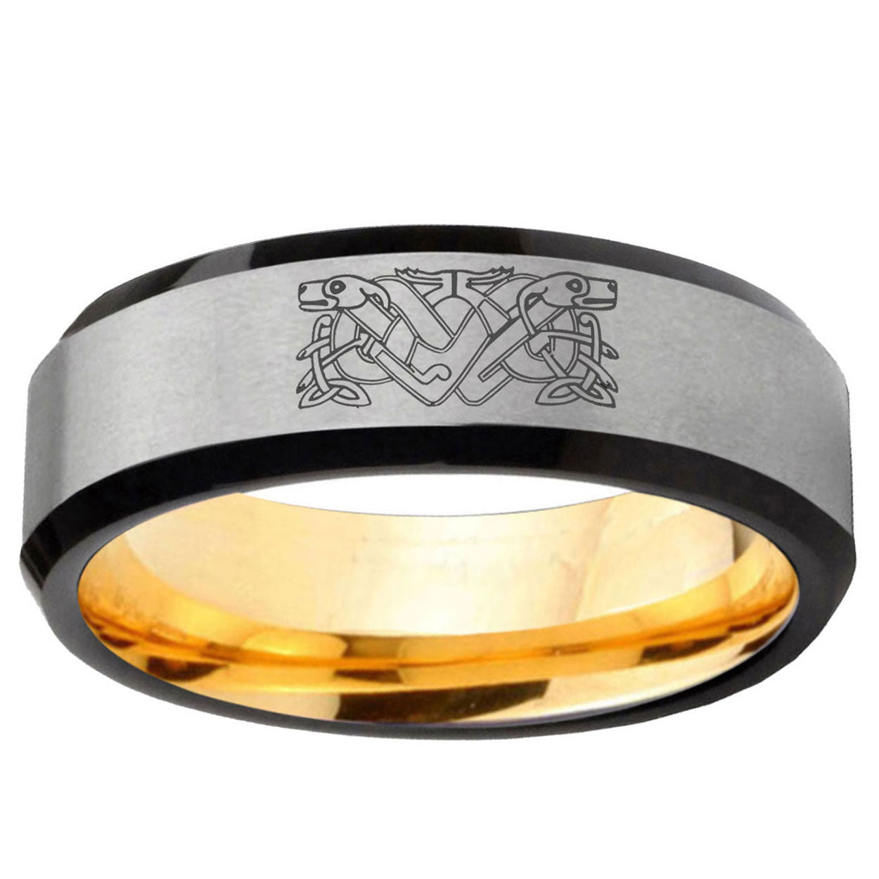 Celtic Dog Beveled Edge Gray And Gold Tungsten Mens Ring