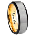 8mm I Love You Beveled Edge Gray And Gold Tungsten Mens Ring
