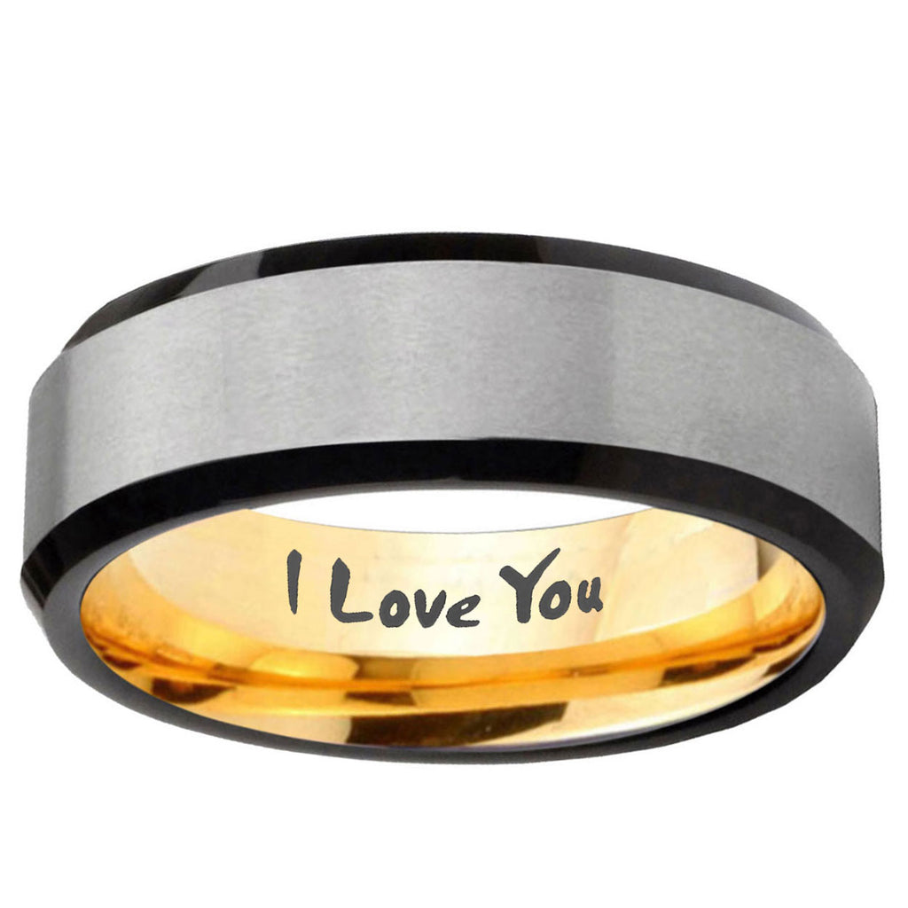 I Love You Beveled Edge Gray And Gold Tungsten Mens Ring