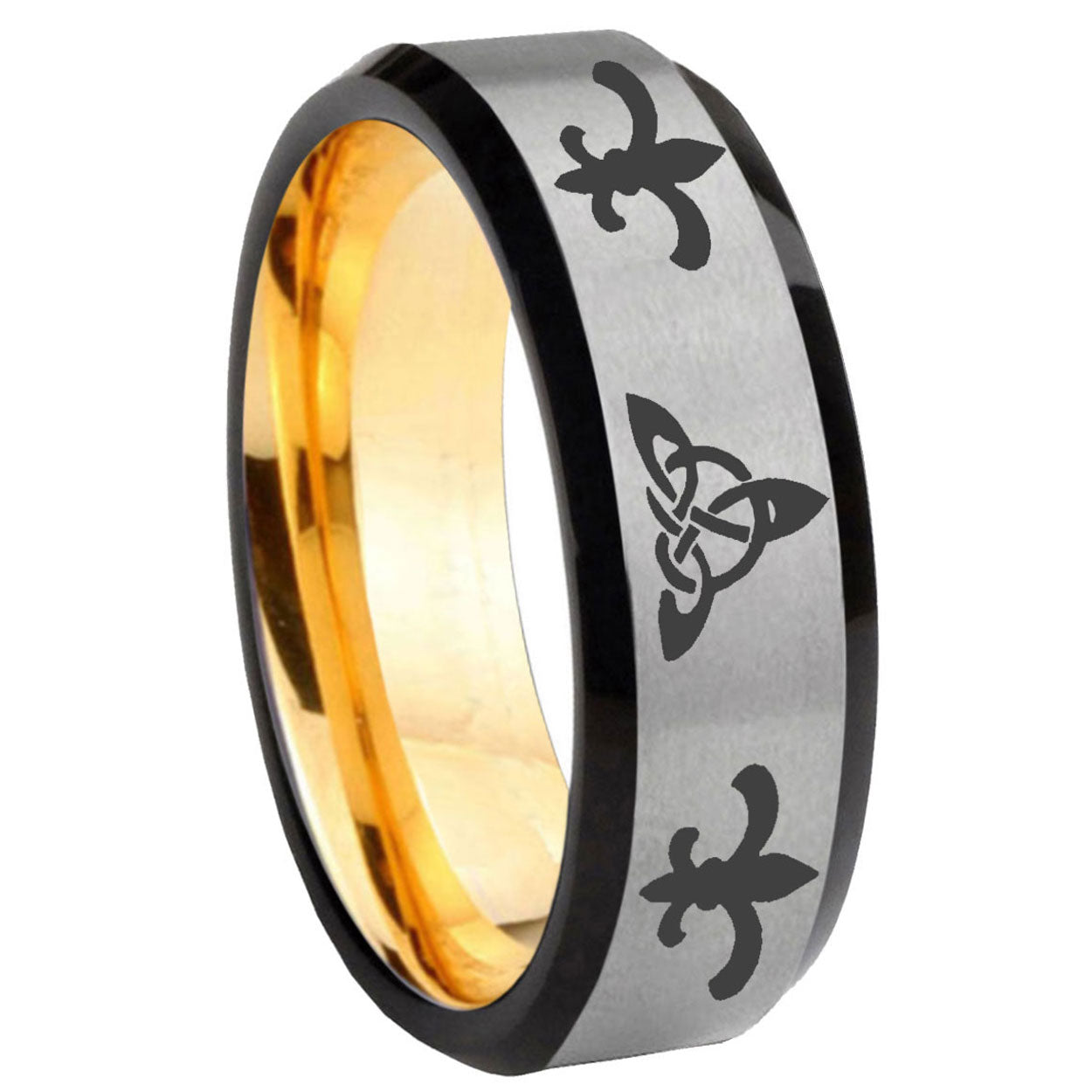 8mm Celtic Triangle Fleur-De-Lis Bevel Gray Gold Tungsten Ring
