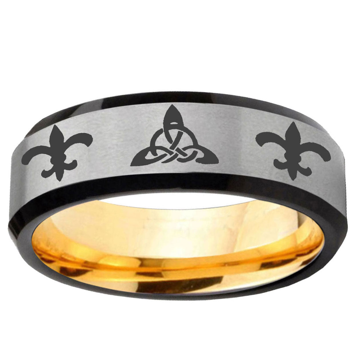 Celtic Triangle Fleur-De-Lis Bevel Gray Gold Tungsten Ring