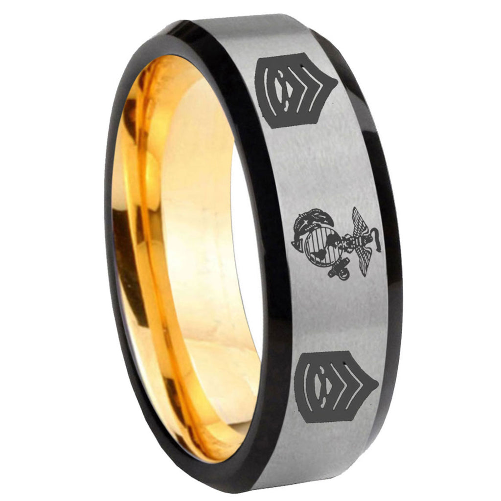 8mm Marine Army Sergeant Beveled Edge Gray Gold Tungsten Band