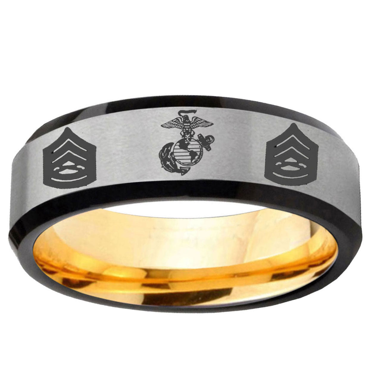 Marine Army Sergeant Beveled Edge Gray Gold Tungsten Band