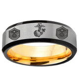 Marine Chief Master Sergeant Beveled Edge Gray And Gold Tungsten Men's Bands Ring