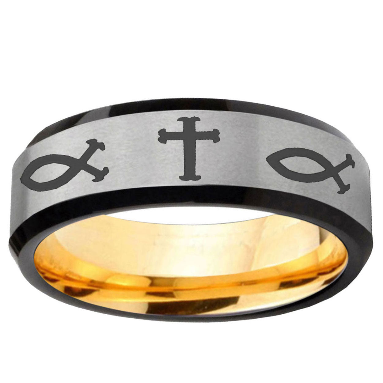 Fish & Cross Beveled Edge Gray And Gold Tungsten Ring